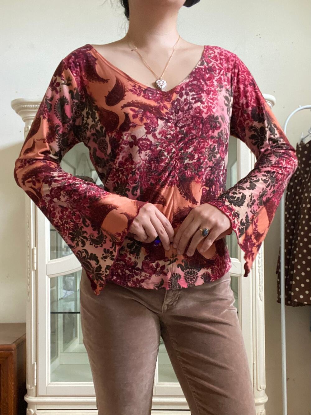 Vintage Y2K Paisley Flare Sleeve Red Long Sleeve Top